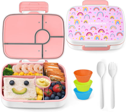 Bento Box for Kids Lunch Box Leak-Proof, Bento Lunch Box with 5 Compartments, Lunch Containers with 3 Silicone Baking Cups, Microwave/Dishwasher Safe (43OZ) (Pink with snack cup)