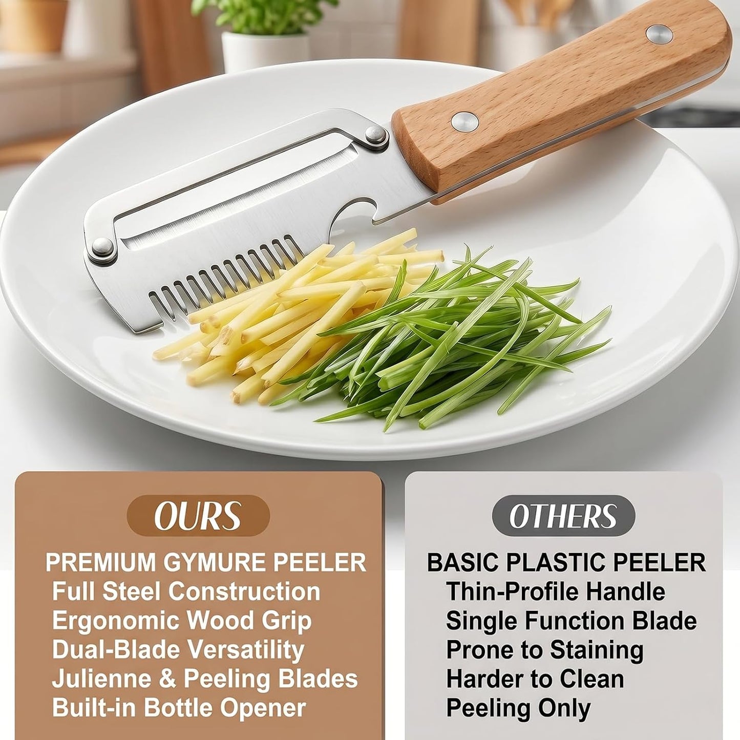 3-in-1 Vegetable Peeler with Wooden Handle - Stainless Steel Swivel Peeler, Julienne Shredder & Bottle Opener - Professional Kitchen Tool for Potatoes, Carrots, Zucchini & Salads