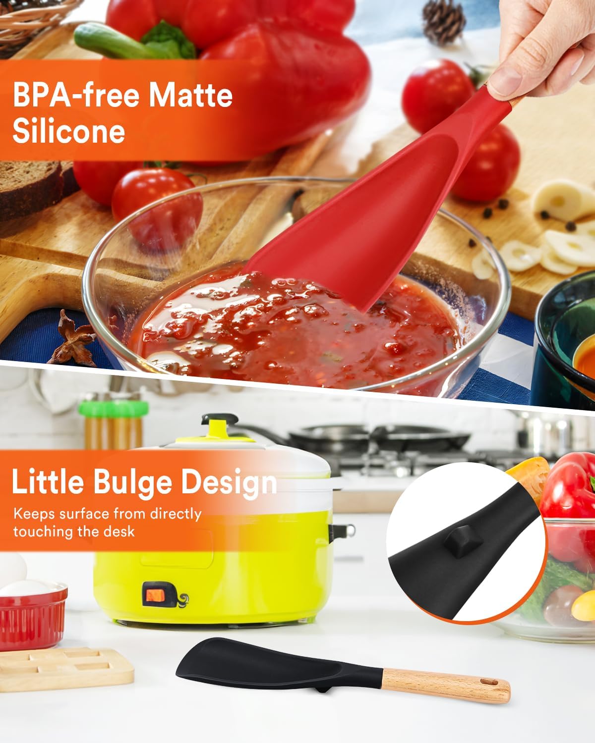 Cooking Spoon for Nonstick Cookwares, Great for Cooking and Serving Sturdy BPA-Free Matte Silicone, Wood Handle Spoon for Mixing, Scoop, and Scrape (Black & Grey, 11.4 inch)