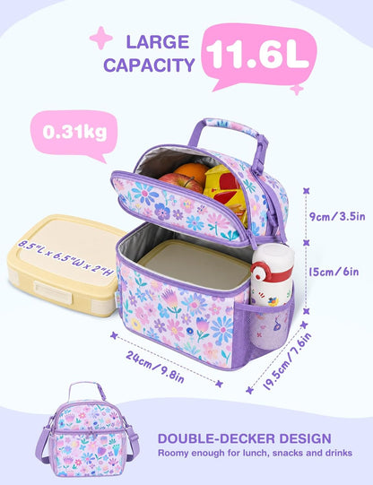VASCHY Lunch Box Bag for Kids, Insulated Double Compartments Cooler Lunch Tote for Toddlers Boys Girls School/Daycare/Picnic Black Dinos