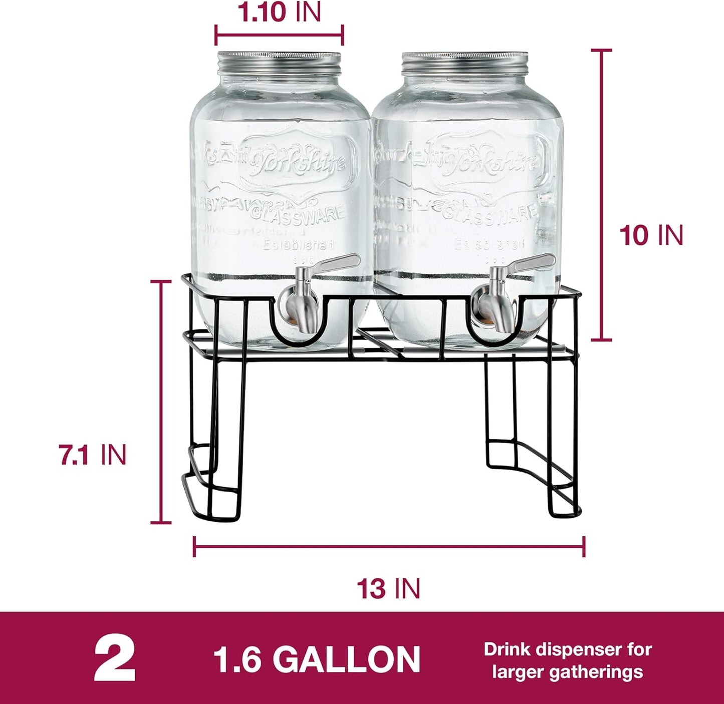 FineDine Glass Drink Dispenser with Stand & Stainless Steel Spigot – 1 Gallon drink dispensers for parties, glass beverage dispenser Set, punch bowl for Lemonade, Juice, Infused Water & More, 2 Pack