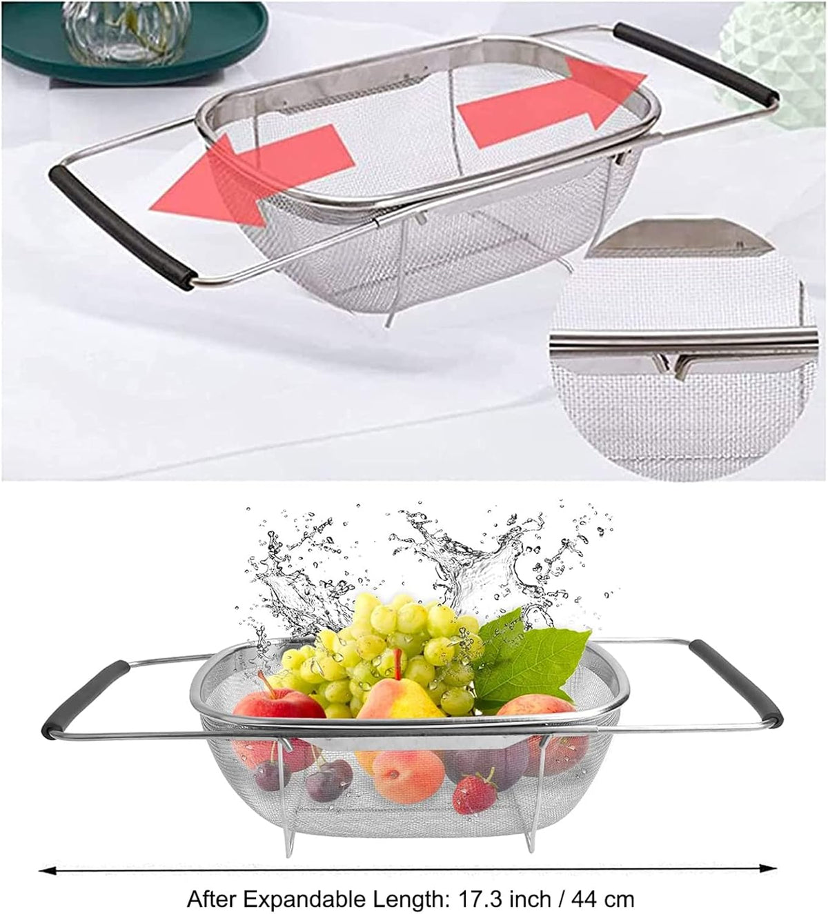 AJIODA Over The Sink Colander, 4 Quarts Stainless Steel Oval Colander with Expandable Rubber Grip Handle, Fine Mesh Strainer Baskets Kitchen Colanders for Strain, Drain, Rinse Vegetable, Fruits, Black