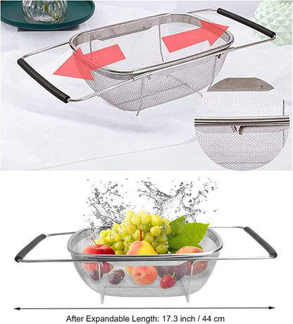 AJIODA Over The Sink Colander, 4 Quarts Stainless Steel Oval Colander with Expandable Rubber Grip Handle, Fine Mesh Strainer Baskets Kitchen Colanders for Strain, Drain, Rinse Vegetable, Fruits, Black