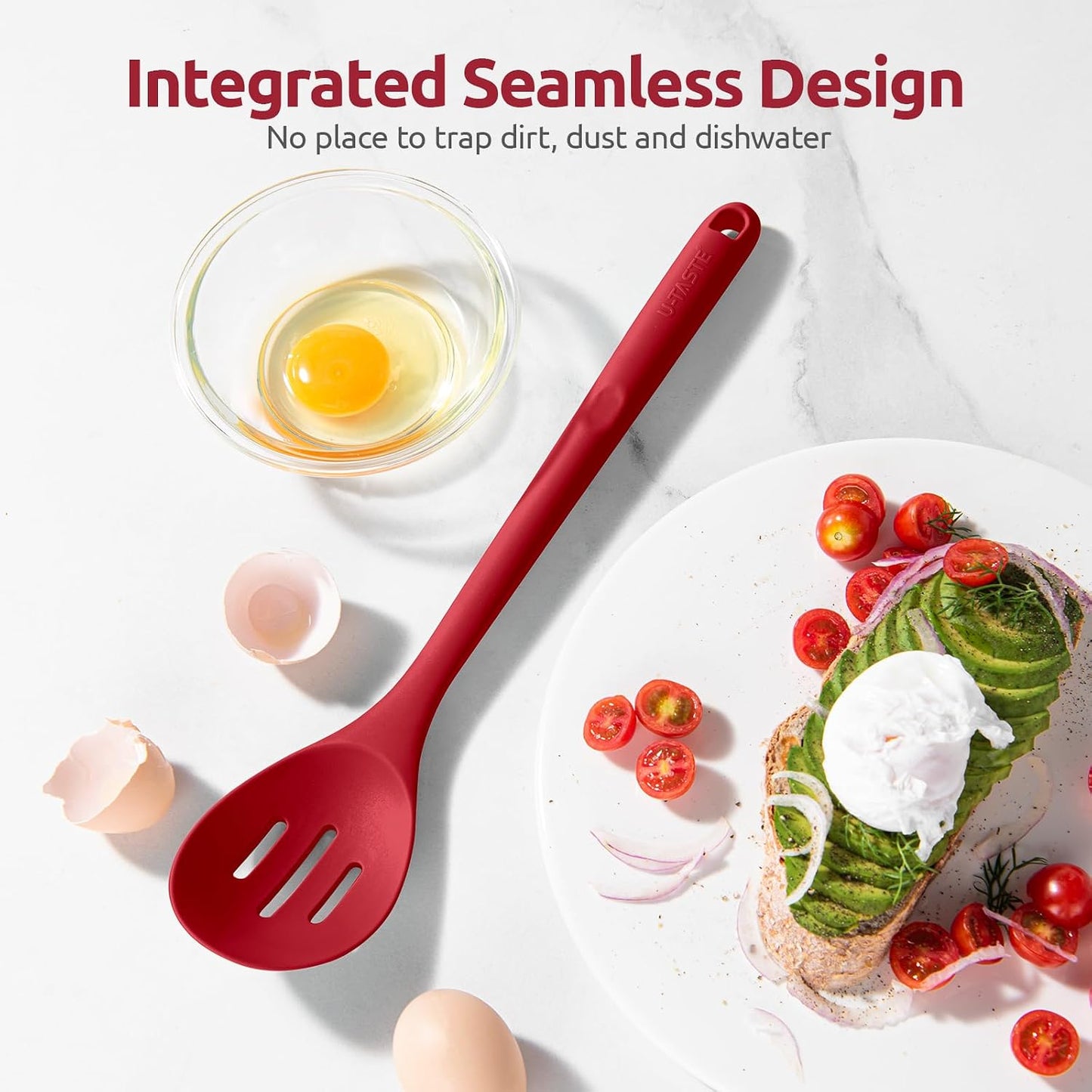 600ºF Heat Resistant Silicone Spoons: U-Taste 13.3in Solid & Slotted Kitchen Cooking Tool, Nonstick Long Rubber Utensil, Sturdy for Mixing, Serving, Stirring, Frying, Basting (Aqua Sky, 2PCS)