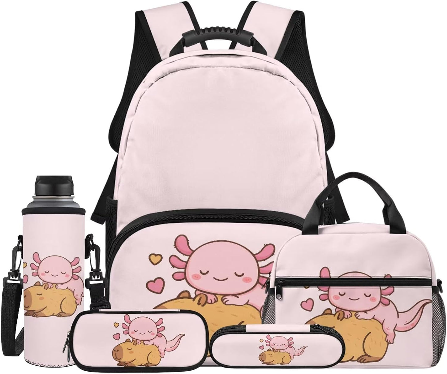 Highland Cow Backpack with Lunch Box Set for Kids Sunflower School Backpack for Girls Boys Back to School Bag Student Travel Backpacks Reusable Utensils Pen Case Water Bottle Bag 5PCS