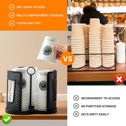 Rotating Coffee Cup Holder, Cup Dispenser with 4 Compartments, Plastic Cups Lid Organizer for Countertop, Coffee Station, Home, Office (white)