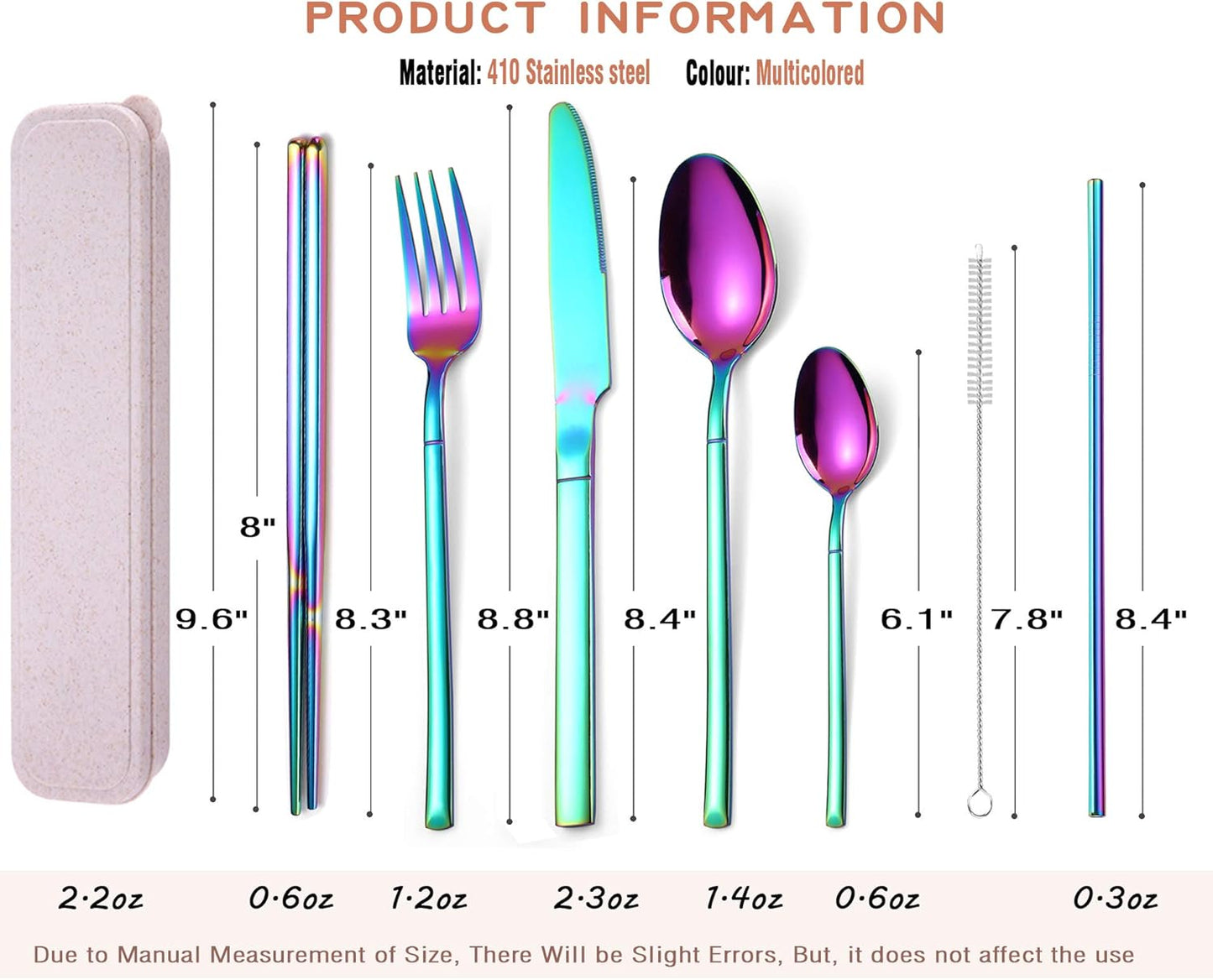 AARAINBOW 7 Pieces Stainless Steel Flatware Set Portable Reusable Cutlery Set Travel Utensils Set Including Chopsticks Knife Fork Spoon Straws Cleaning Brush Dishwasher Safe (Pink Golden)