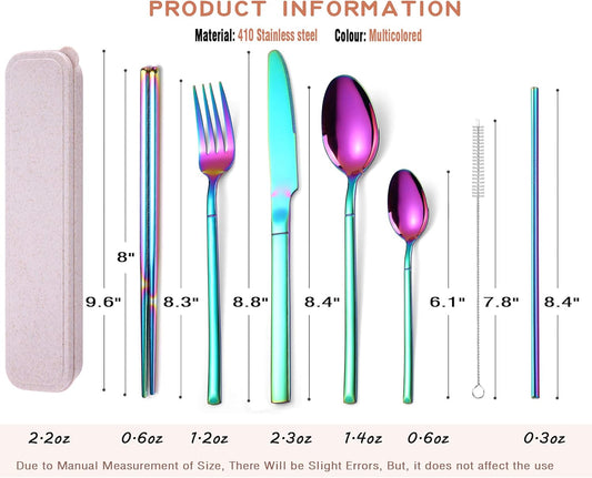 AARAINBOW 7 Pieces Stainless Steel Flatware Set Portable Reusable Cutlery Set Travel Utensils Set Including Chopsticks Knife Fork Spoon Straws Cleaning Brush Dishwasher Safe (Pink Golden)