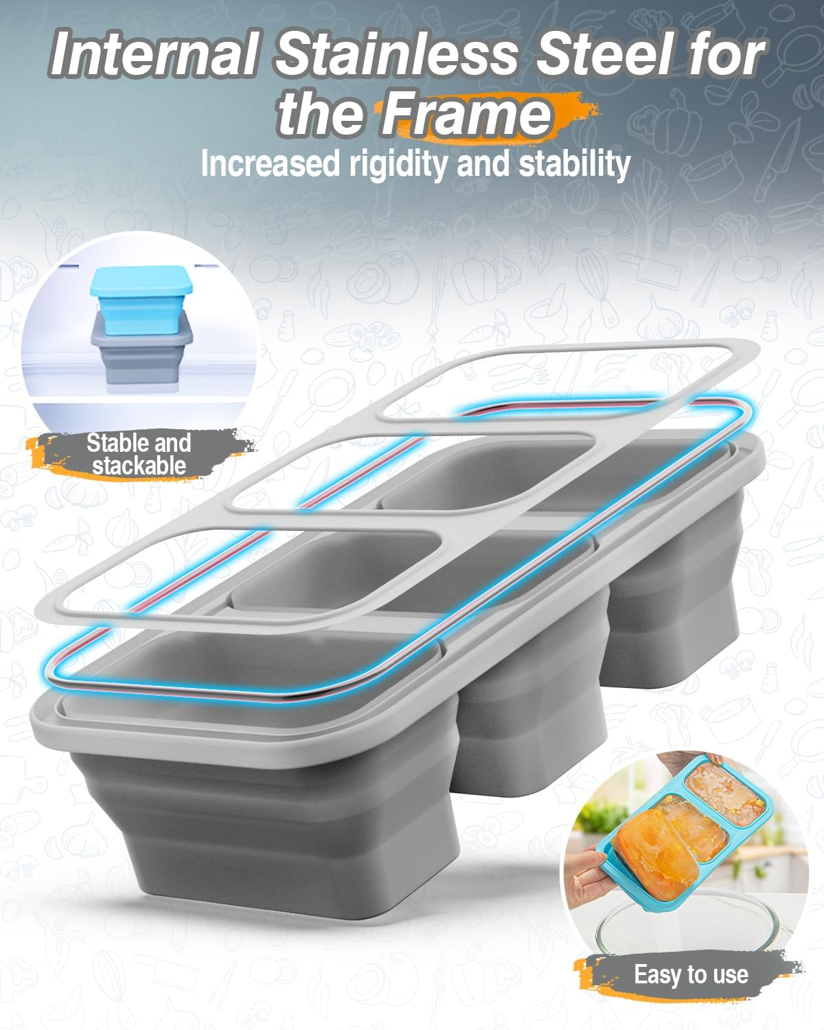 Silicone Freezer Trays With Lid, Stackable 1 Cup Silicone Freezer Molds, Easy To Use Soup Ice Cube Tray, Collapsible Freezing Molds for Meal Prep, Broth, Sauce, Leftovers, Soup Storage Gift Set