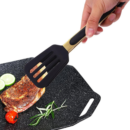 2-Piece Kitchen Spatula Tongs Food Serving Tongs 9" and 12" Cooking with BPA Free Silicone Tips, Toaster Steak Pie Pizza Pasta Spaghetti Noodles Salad Grill BBQ Buffet Clamp Serving Tools(Gold)