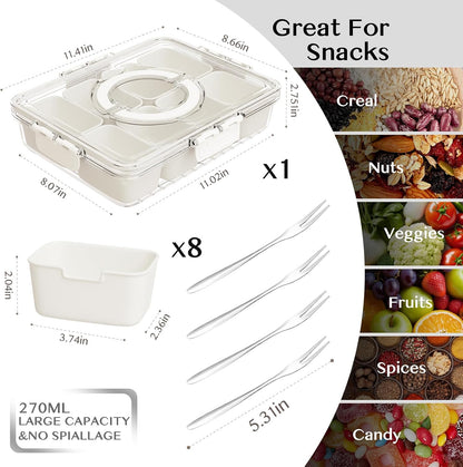 Dunruz Snackle Box Container,Portable Snack Box 8 Compartment Divided Serving Tray with Lid,Clear Storage Organizer for Fruit Candy Nuts Veggie-Perfect for Road Travel Party (1 Pack-8 Compartments)
