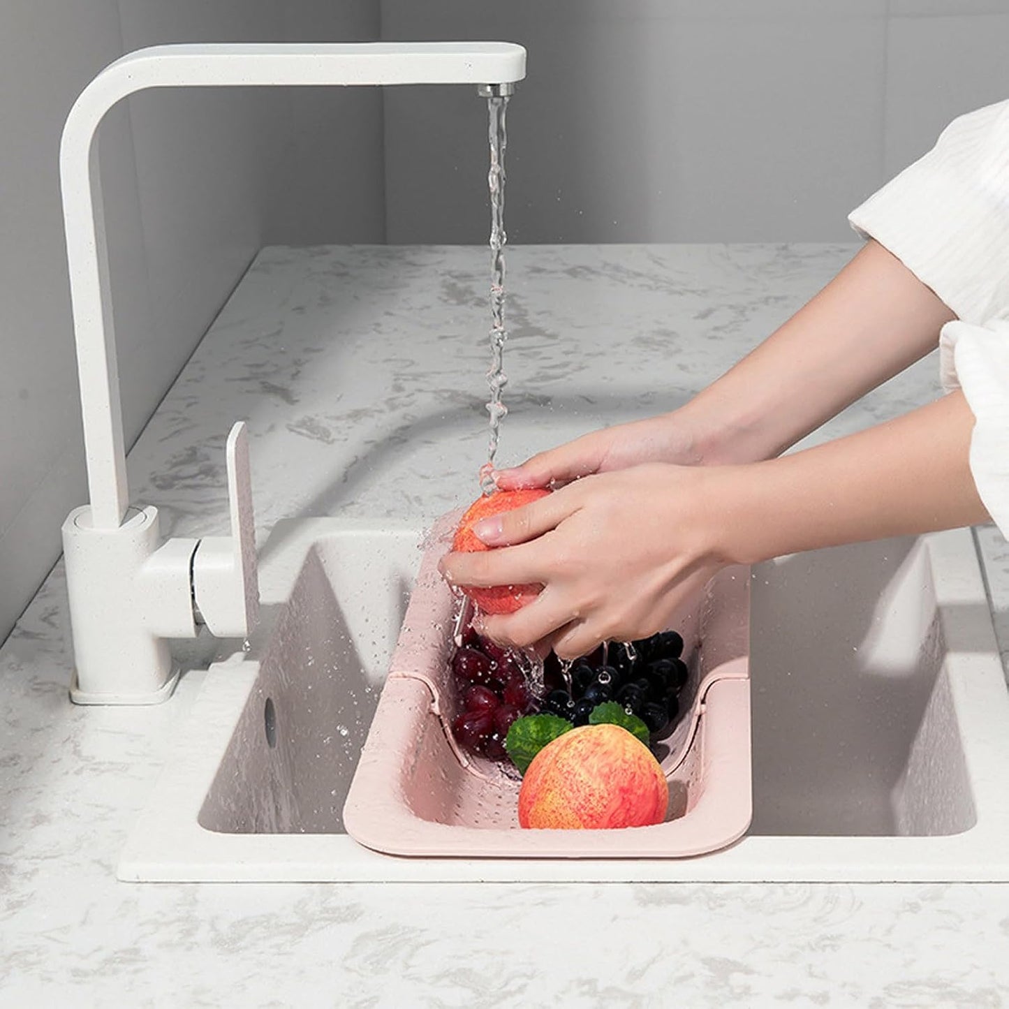 Over the Colander Strainer Wash Vegetables and Fruits, Drain Cooked Pasta and Dry Dishes - Extendable - Vegetable Washing For Fruits, Drain Cooked Pasta and Dishes (Green, One Size)