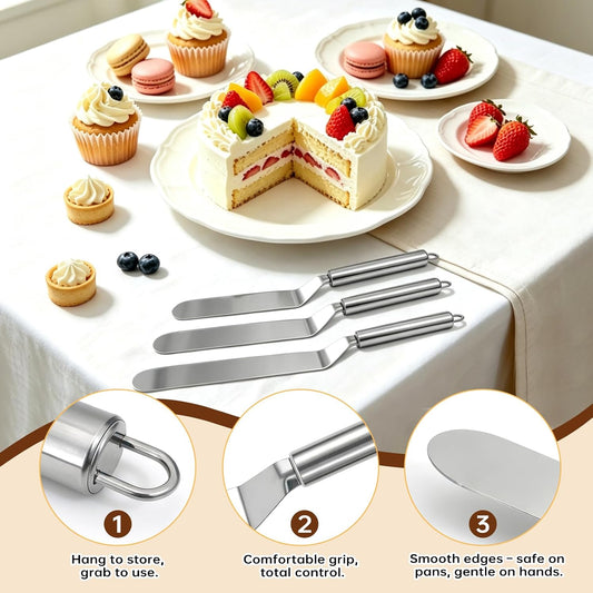 Stainless Steel Offset Spatula Set 6", 8" & 10" for Cake Decorating