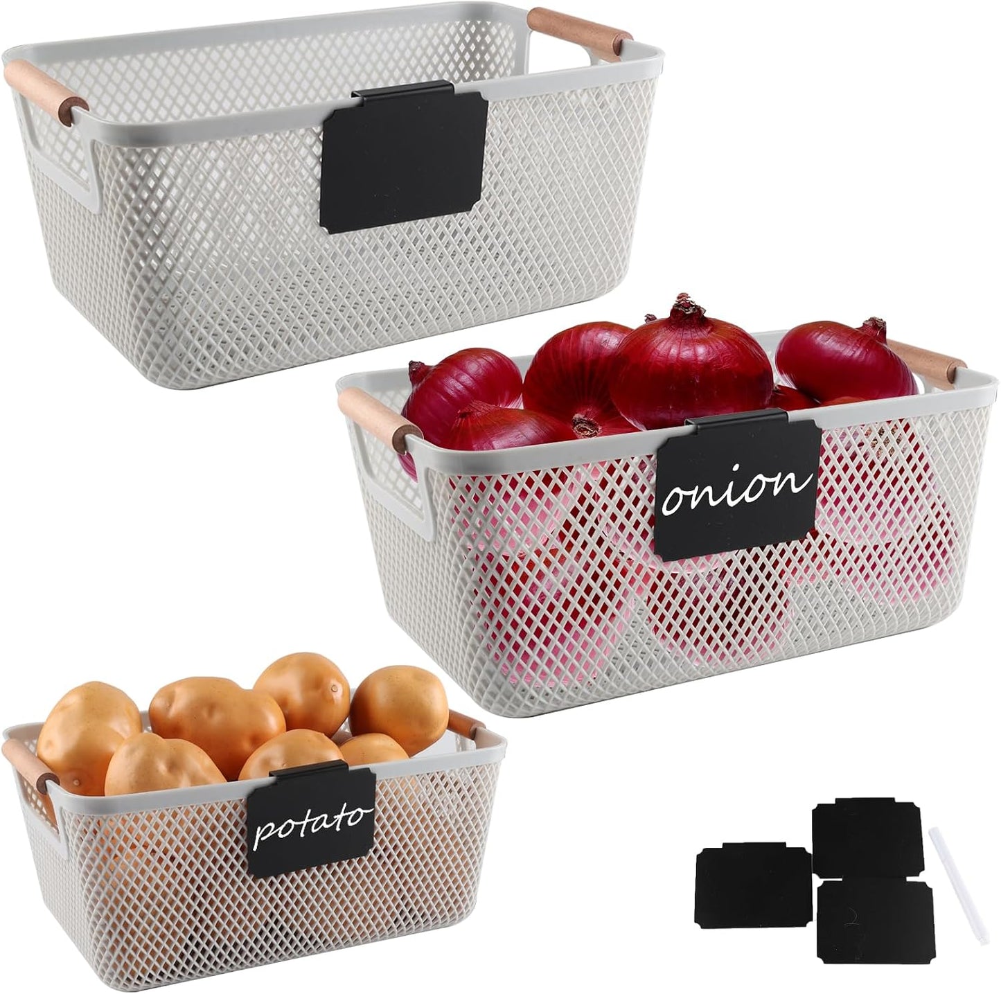 Onion and Potato Storage Baskets,A set of 2 Wooden Handle storage Basket Stackable Plastic Pantry Bins, Multifunctional Organizers for Kitchen, Countertop, and More Vegetable Storage Box (Black-2pack)