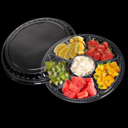 Lawei 30 Pack Plastic Appetizer Tray with Clear Lid, Stackable Round Serving Party Tray, 12 In Banquet Catering Fruit Vegetable Trays, Reusable 6 Divided Food Snack Dip Platter for Outdoor Buffet