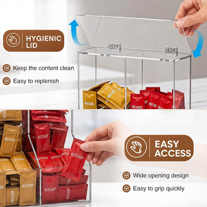 1 Pcs Divided Condiment Bin with Lid 2 Compartment Condiment Packet Organizer Sugar Packet Wrapped Candy Caddy Clear Acrylic for Bakery Restaurant Retail Stores, 8.5" W x 4" D x 12.25" H