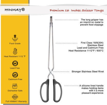 HINMAY Stainless Steel Scissor Tongs Cooking Tongs Set, Set of 3 (Black Handle, 10" 12" 16")