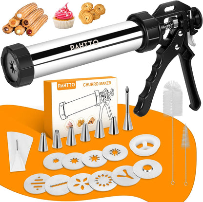 PAHTTO Churro Maker Machine, Stainless Steel Churros Gun Kit, 3-in-1 Multifunctional Cookie Press Hollow Churro with Piping Bag, 7 Piping Nozzles, 9 Cookie Discs & 2 Brushes, Easy to Clean