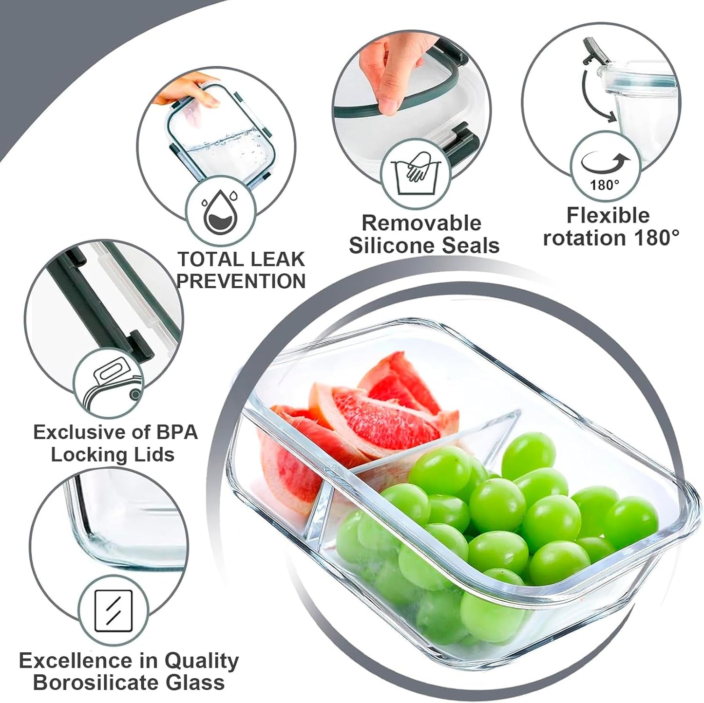 VERONES 5 Pack Glass Meal Prep Containers 2 Compartment Set, 36OZ Airtight Lunch Containers, Glass Food Storage Containers with Lids, for Microwave, Oven, Freezer & Dishwasher Friendly,White