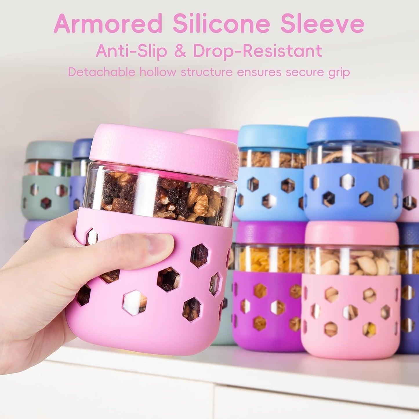 Gemice 6-Pack 10oz Glass Mason Jars with Silicone Sleeves, Airtight BPA-Free Overnight Oats Containers with Lids, Dishwasher Safe Leak-Proof Meal Prep Jars for Chia Pudding, Yogurt, Snacks