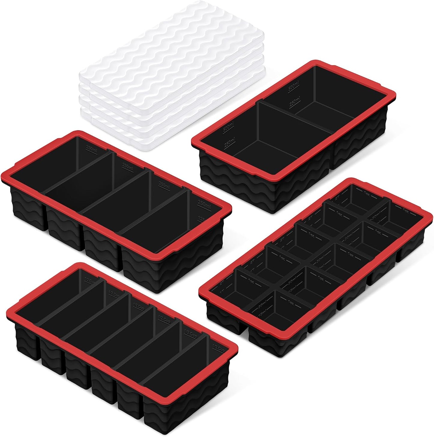 Silicone Freezer Trays with Lid (4-Pack), 1-Cup, 2-Cup, 1/2-Cup & 2-Tbsp Silicone Freezer Molds, Stackable Soup Freezer Meal Prep Containers,Ice Cube Tray for Making Sauce,Smoothies,Yogurt Bites