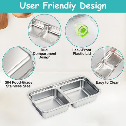 Stainless Steel Snack Containers, 6-Pack Reusable Grab and Go Containers with Lids, Dual Compartment Bento Box for Travel, Camping & Lunch Prep