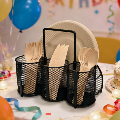 Silverware Organizer Utensil Caddy - 4 Compartment Metal Cutlery Holder Flatware Storage Basket Fork Spoon Napkin Paper Plate Kitchen Countertop Party Picnic Camping Buffet Outdoor (Gold)