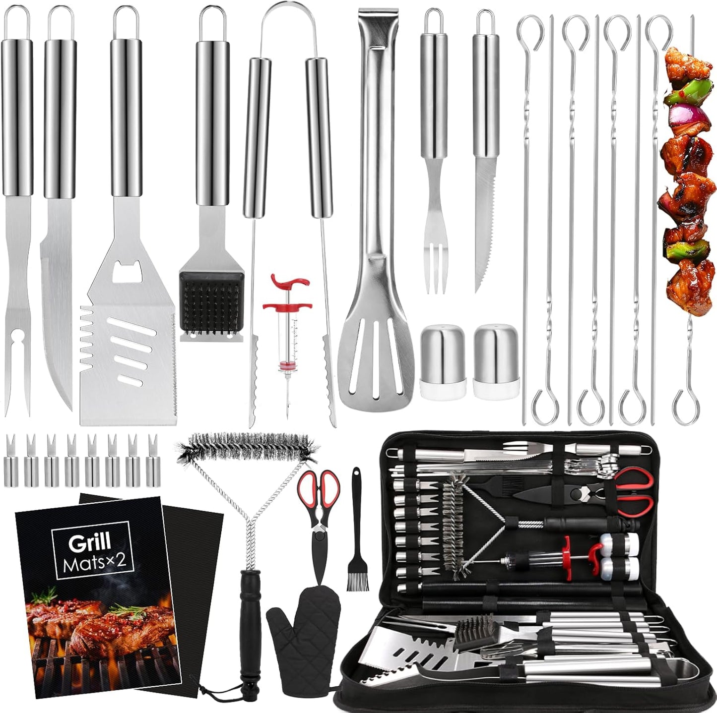 Yoehka BBQ Grilling Accessories Set, 34Pcs Heavy Duty Grill Tools for Outdoor Camping, Grilling Gifts for Men Dad, Stainless Steel Barbecue Utensils Kit with Mats and Glove in Carrying Bag, Brown