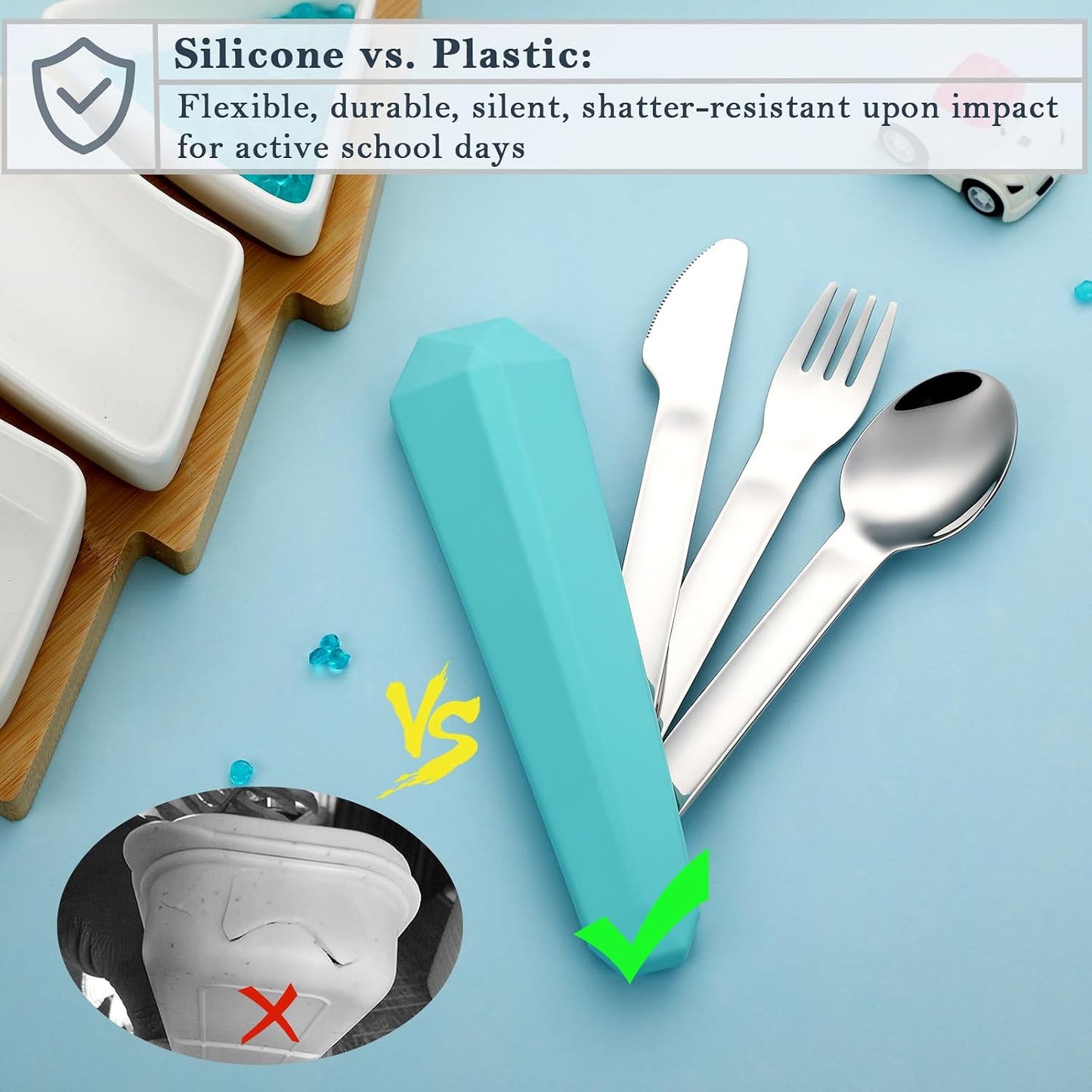Utensils for Lunch Box Accessories, DEVICO Travel Silverware Set with Case, Camping Flatware Include 18/8 Stainless Steel Knife Fork and Spoon Set, Reusable Portable Cutlery Set for School (Teal)