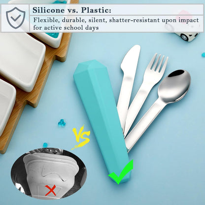 Utensils for Lunch Box Accessories, DEVICO Travel Silverware Set with Case, Camping Flatware Include 18/8 Stainless Steel Knife Fork and Spoon Set, Reusable Portable Cutlery Set for School (Teal)