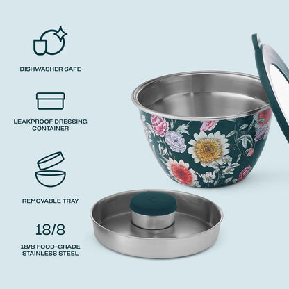 S'well Stainless Steel Salad Bowl Kit 64oz, Peacock Blue, Comes with 2oz Mini Canister and Removable Tray for Organization, Leakproof, Easy to Clean, Dishwasher Safe