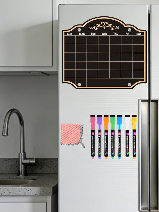 Acrylic Magnetic Dry Erase Board Calendar for Fridge 12" x 10" Black Weekly Planner Whiteboard for Refrigerator Magnet Planning Calendars to Do List Family House Kitchen Decor with 7 Colors Markers