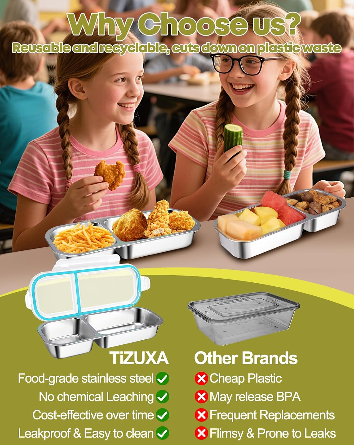 2Pack Stainless Steel Snack Containers for Kids Adults, Reusable 3 Compartment Snackle Box Container with Leakproof Lids Metal Bento Lunch Boxs Food Storage Containers for Travel Picnics Office School