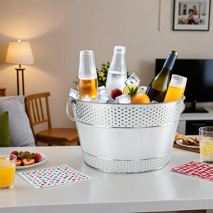 Ice Bucket for Parties Galvanized Beverage Tub, Drink Buckets Galvanized Bucket with Handles for Wine Beer Champagne Cocktails for Catering Bars (Silver-1PC)