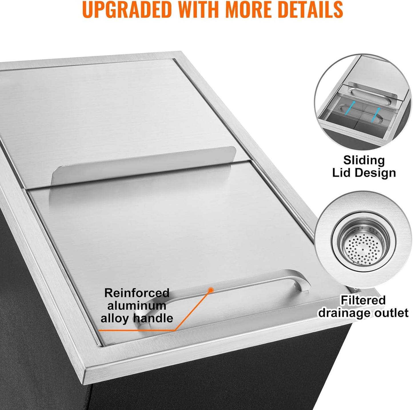 Happybuy Drop in Ice Chest 18L x 12W x 14.5H Inch Stainless Steel Ice Cooler with Sliding Cover Drop in Ice Bin Included Drain-Pipe and Drain Plug for Cold Wine Beer