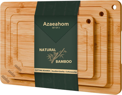 Bamboo Cutting Boards for Kitchen, Wood Cutting Board Set with Juice Grooves & Built-in Handles, Large Medium Small Chopping Board for Meat, Vegetables, Fruit