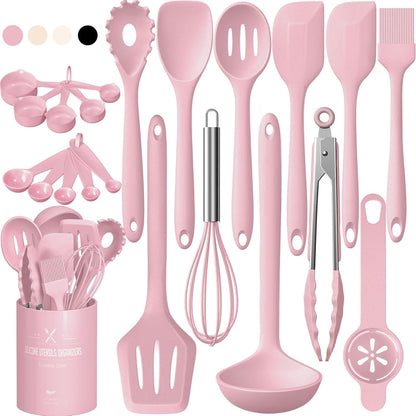 Umite Chef 22-Piece Silicone Cooking Utensils Set，Heat Resistant & Dishwasher Safe Kitchen Tools, Black Non-Scratch Spatula Set for Nonstick Cookware (Khaki)