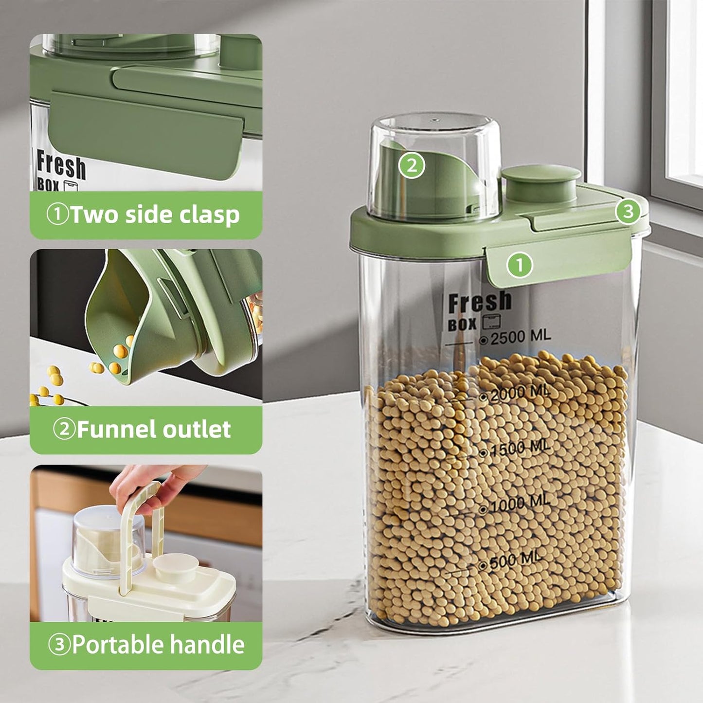 Airtight Rice Storage Container,with Pour Spout & Measuring Cup, BPA-Free - Transparent Dry Food Canister for Cereal, Flour, Pet Food, Oatmeal, Pantry Storage (Light Grass Green, 1600ml)