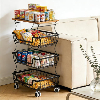 2 Pack 3-Tier Rolling Kitchen Storage Cart Fruit Basket Stand for Vegetables & Snacks Stackable Wire Pantry Floor Organizer with Wheels for Kitchen, Living Room, Bedroom, Office (Black)