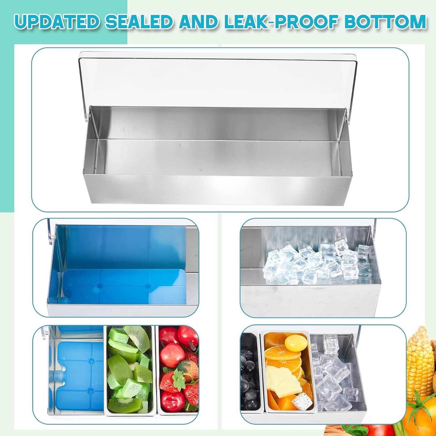 Mifoci 1 Pack Stainless Steel Chilled Condiment Server 6 Removable Slot Toppings Containers with Lid and Bottom Ice Bar Garnish Tray with 9 Silverwares 4 Ice Boxes for Christmas Party, Events and Bar