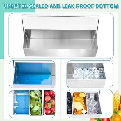 Mifoci 1 Pack Stainless Steel Chilled Condiment Server 6 Removable Slot Toppings Containers with Lid and Bottom Ice Bar Garnish Tray with 9 Silverwares 4 Ice Boxes for Christmas Party, Events and Bar