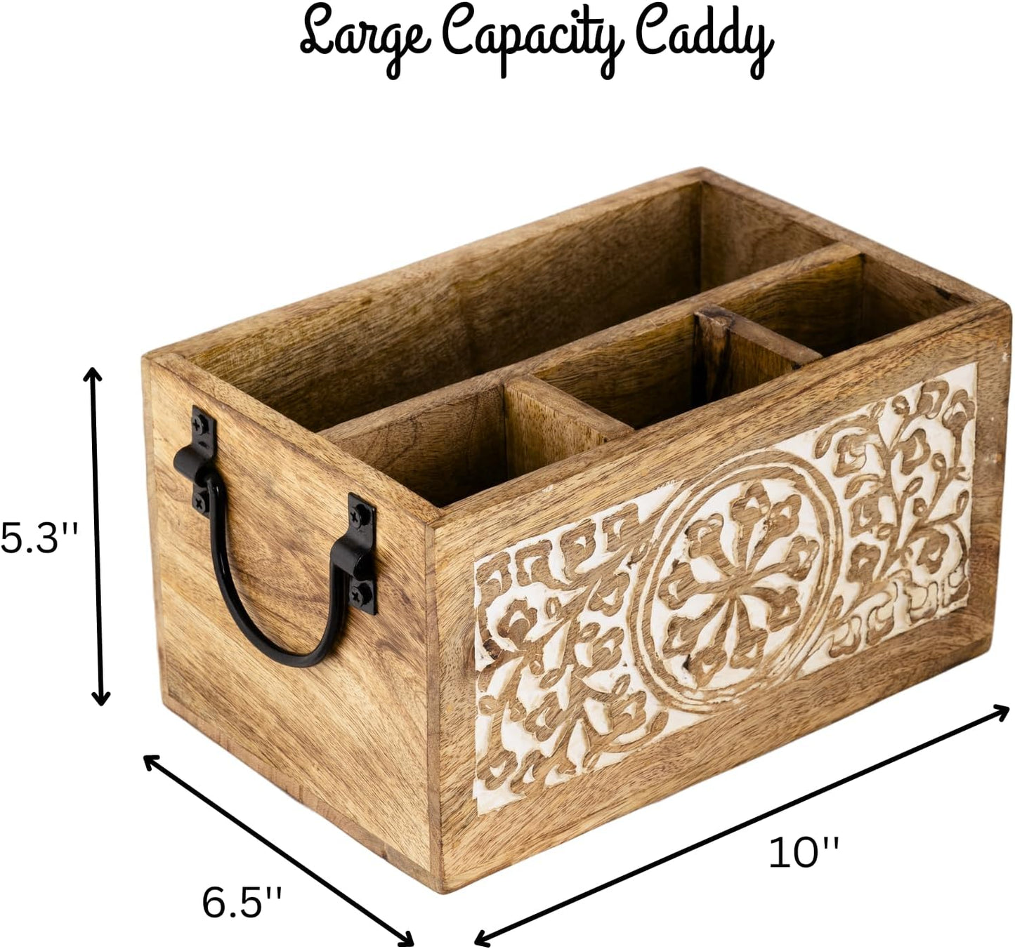 Mie Creations 4 Compartment Wooden Silverware Caddy Utensil Holder, Farmhouse Cutlery Flatware Organizer, Decorative Wood Caddy with Metal Handles for Kitchen, Buffet Party, Mothers Day Gift for Mom