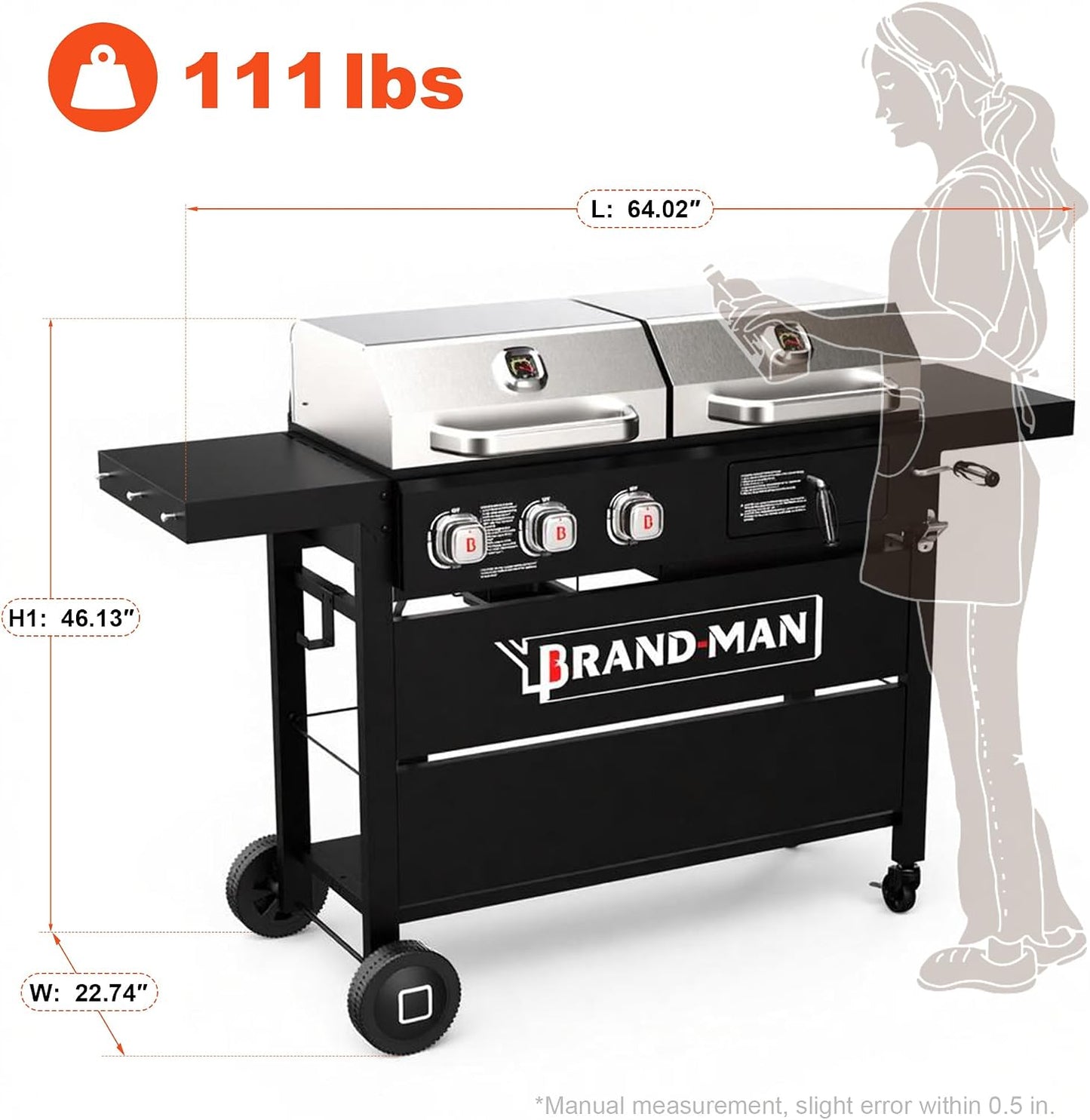 Brand-Man Propane Gas and Charcoal Grill Combo,Grill and Griddle Combo Dual Fuel BBQ Grill with Dual Lids for Outdoor Barbecue, Black