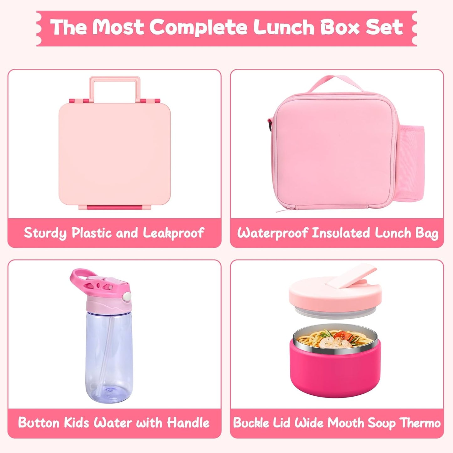 Kids Bento Lunch Box with 8oz Soup Thermo, Water Bottle, Kids Leakproof Lunch Food Containers with 4 Compartment, Insulated Hot Food Jar with Lunch Bag for School, Trvael (Black)