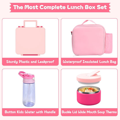 Kids Bento Lunch Box with 8oz Soup Thermo, Water Bottle, Kids Leakproof Lunch Food Containers with 4 Compartment, Insulated Hot Food Jar with Lunch Bag for School, Trvael (Black)
