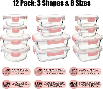 12 Pack Glass Food Storage Containers Set, Glass Meal Prep Containers with Lids, Airtight Lunch Containers, Dishwasher Safe, purple