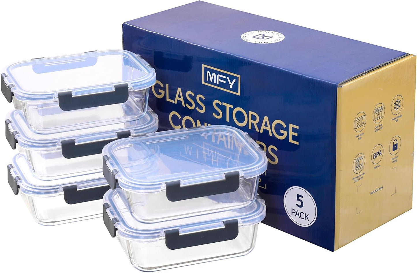 MFY 5-Pack 36 OZ Glass Storage Containers with Lids, Glass Meal Prep Containers Set, Airtight Lunch Containers with Lids, Microwave, Oven, Freezer and Dishwasher Safe, Gray