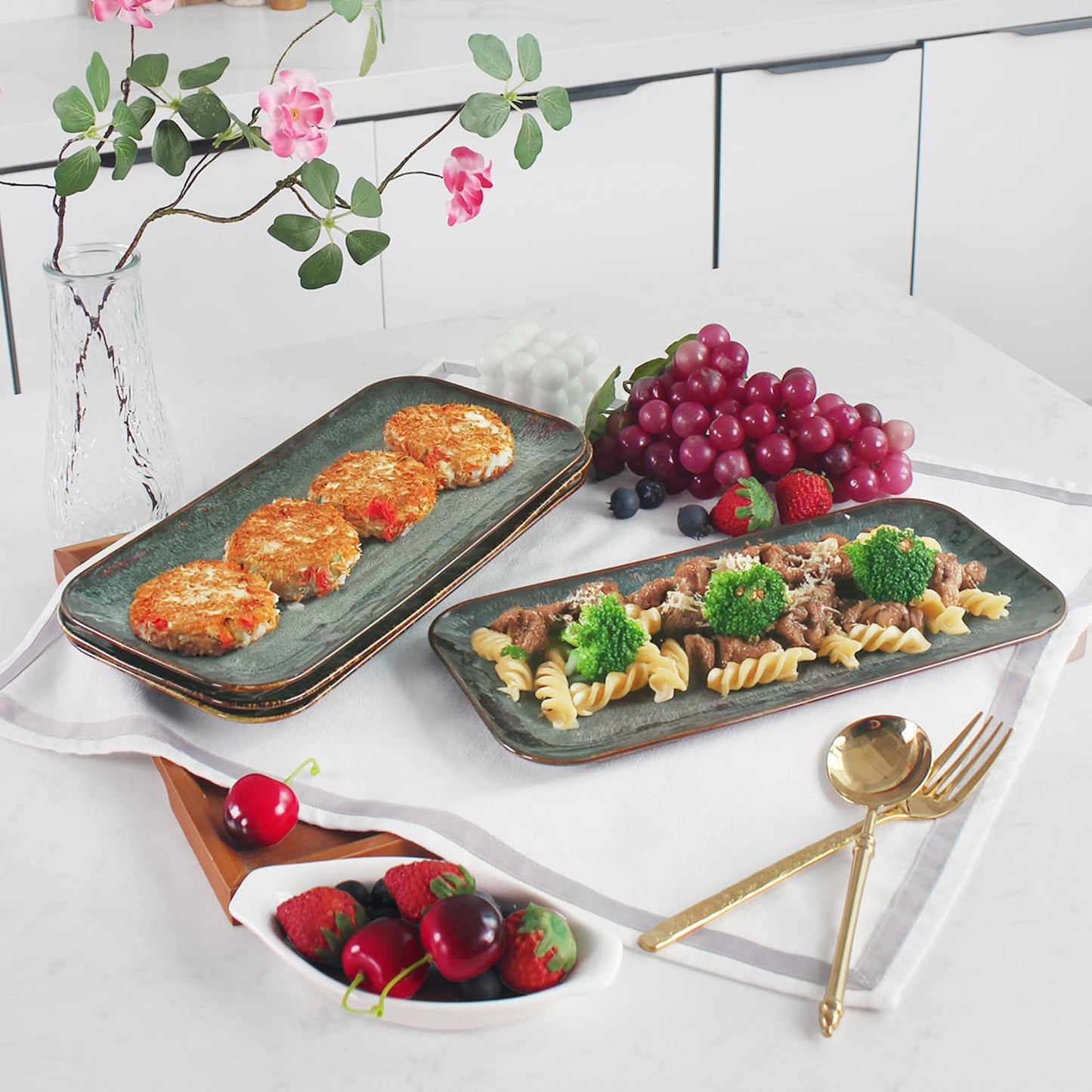 Porcelain Plate Set Large Serving Tray Set of 4, Reusable Serving Platters for Party Food, Cookie, Appetizer, Charcuterie, Snack, Dessert Display,Stackable Kitchen Dish 14.4 INCH