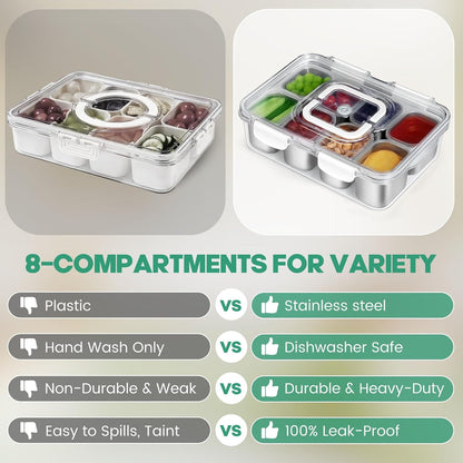 FANCILLA Snackle Box Container, 8 Compartment Stainless Steel Divided Serving Tray with Lid and Handle - Dishwasher Safe Clear Travel Party Snack Box, Versatile for Fruit Candy Nuts Veggie