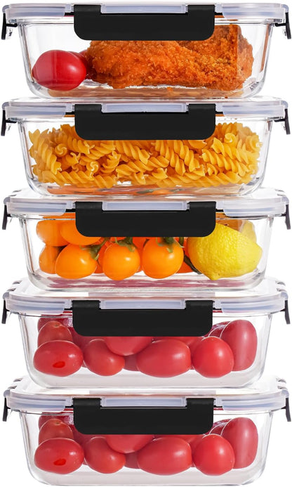Glass Food Storage Containers with Airtight Lids, 5-Piece Set, Freezer Safe, Microwave Safe, Leak Proof